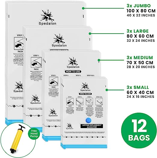 کیسه ذخیره سازی فشرده وکیوم Vacuum Storage Bags - Pack of 12 (3 Jumbo + 3 Large + 3 Medium + 3 Small)